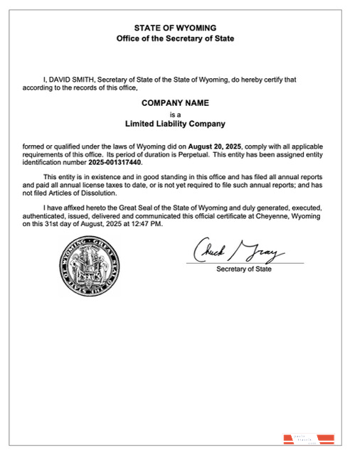 USA Wyoming certificate of registration Word and PDF template, version 2